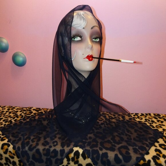 Vintage Dark Navy Blue Sheer Nylon Neck Scarf pinup retro rockabilly head wrap - Picture 13 of 15